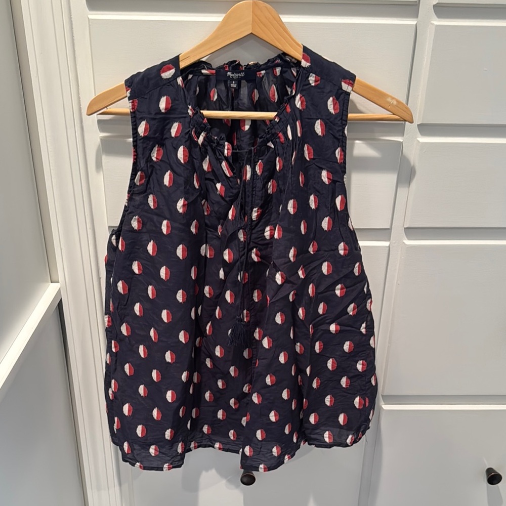 Madewell Navy, Polka Dot Ruffled Sleeveless Blouse